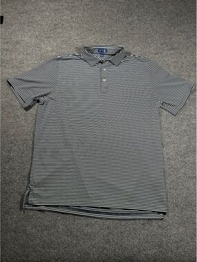 Stitch Men's Navy and White Striped Polo Shirt Size L
